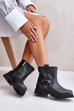 Outlet Boto Skórzane Botki Damskie Na Płaskim Obcasie Lewski 3610 Czarne Czarny