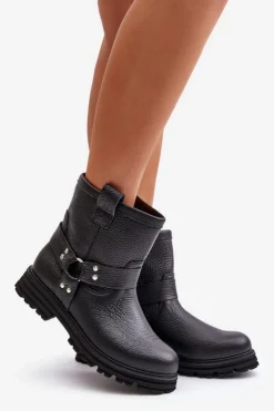 Outlet Boto Skórzane Botki Damskie Na Płaskim Obcasie Lewski 3610 Czarne Czarny