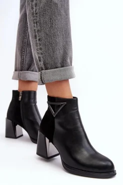 Damskie Damskie buty S.Barski Skórzane Botki Damskie Na Słupku D&A CR8171 Czarne