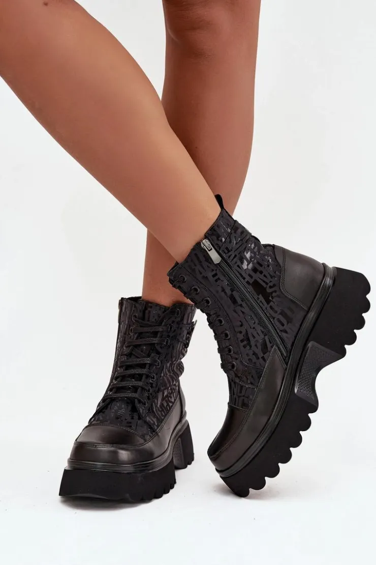 Artiker Botki Ocieplane|Botki Sznurowane*Skórzane Botki Damskie Na Platformie Z Napisami I Ozdobnym Detalem 57C2273 Czarne Czarny