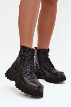 Artiker Botki Ocieplane|Botki Sznurowane*Skórzane Botki Damskie Na Platformie Z Napisami I Ozdobnym Detalem 57C2273 Czarne Czarny