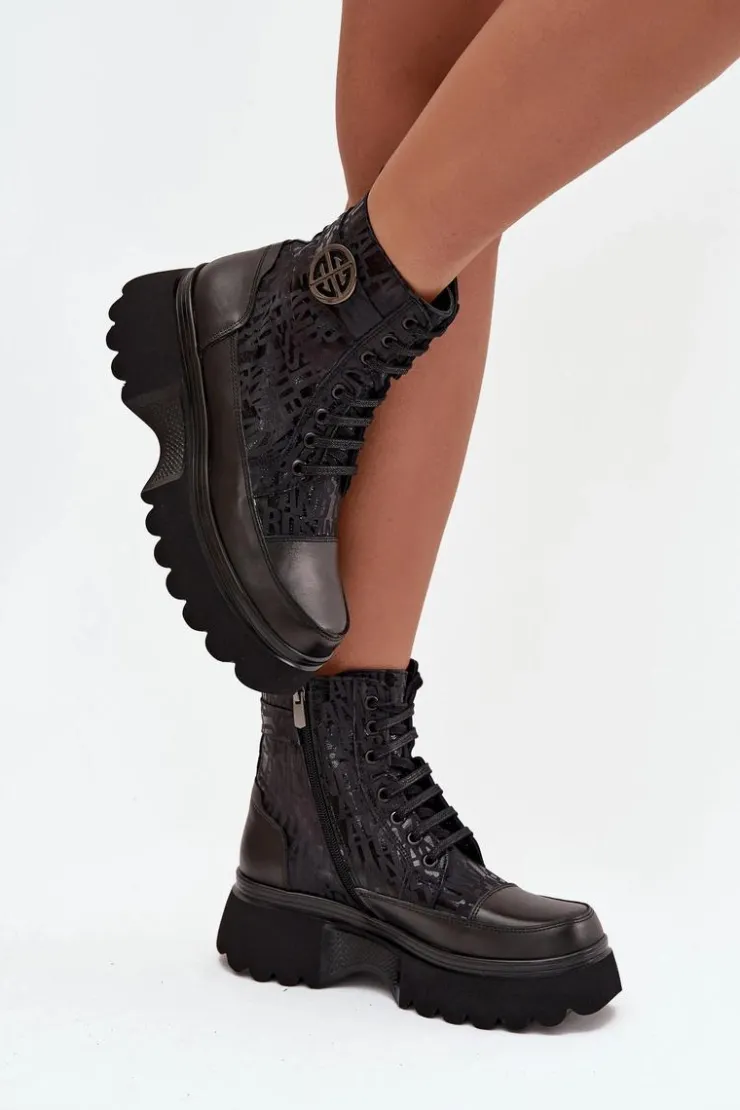 Artiker Botki Ocieplane|Botki Sznurowane*Skórzane Botki Damskie Na Platformie Z Napisami I Ozdobnym Detalem 57C2273 Czarne Czarny