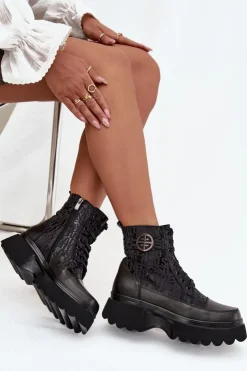 Artiker Botki Ocieplane|Botki Sznurowane*Skórzane Botki Damskie Na Platformie Z Napisami I Ozdobnym Detalem 57C2273 Czarne Czarny