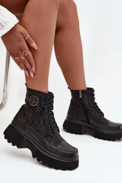 Artiker Botki Ocieplane|Botki Sznurowane*Skórzane Botki Damskie Na Platformie Z Napisami I Ozdobnym Detalem 57C2273 Czarne Czarny