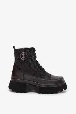 Artiker Botki Ocieplane|Botki Sznurowane*Skórzane Botki Damskie Na Platformie Z Napisami I Ozdobnym Detalem 57C2273 Czarne Czarny