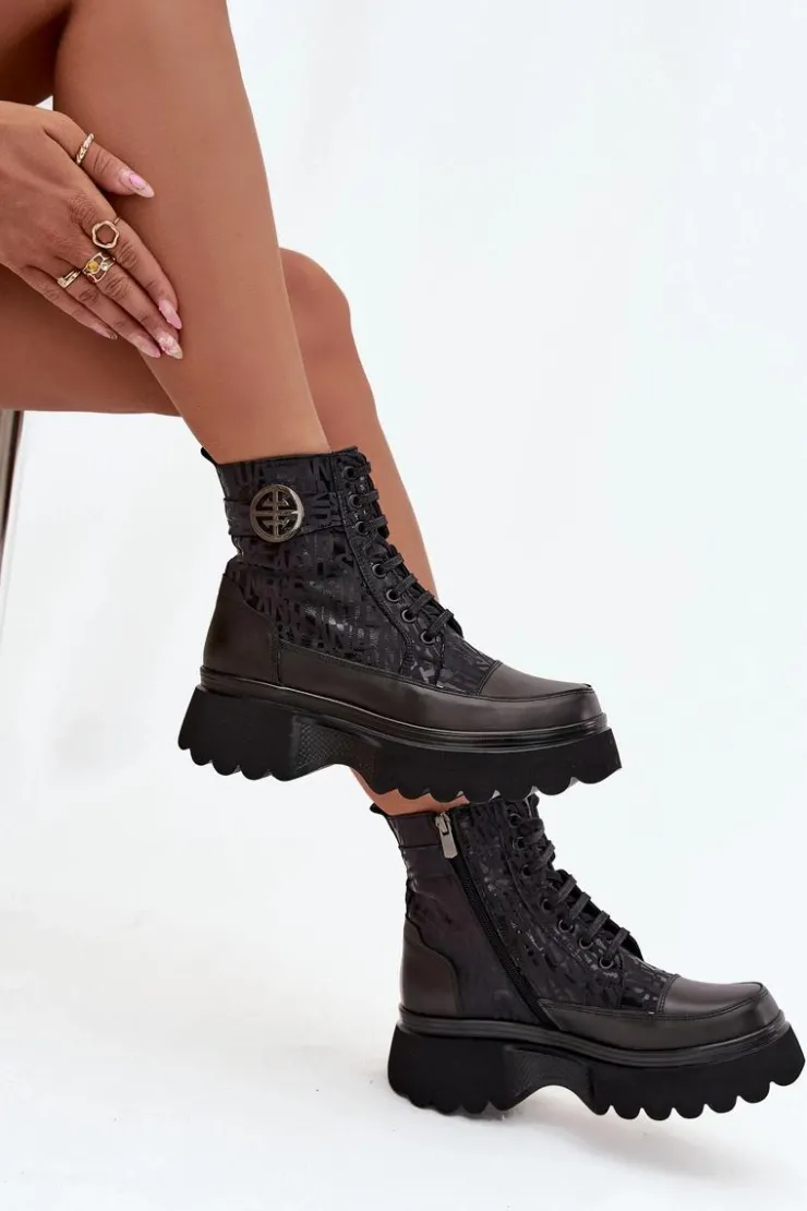 Artiker Botki Ocieplane|Botki Sznurowane*Skórzane Botki Damskie Na Platformie Z Napisami I Ozdobnym Detalem 57C2273 Czarne Czarny