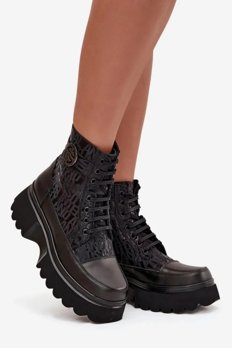 Artiker Botki Ocieplane|Botki Sznurowane*Skórzane Botki Damskie Na Platformie Z Napisami I Ozdobnym Detalem 57C2273 Czarne Czarny