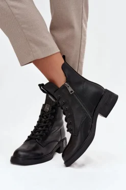 Buty damskie Vinceza Botki Ocieplane|Botki Sznurowane*Skórzane Botki Damskie Na Niskim Obcasie Vinceza 66818 Czarne Czarny