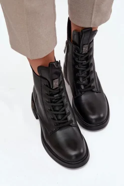 Buty damskie Vinceza Botki Ocieplane|Botki Sznurowane*Skórzane Botki Damskie Na Niskim Obcasie Vinceza 66818 Czarne Czarny