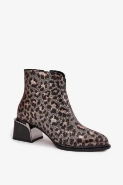 Damskie D&A Skórzane Botki Damskie Na Klocku Ocieplane Panterka CR52-622 Czarno-Złote