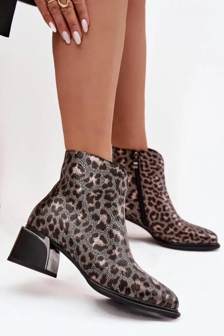 Damskie D&A Skórzane Botki Damskie Na Klocku Ocieplane Panterka CR52-622 Czarno-Złote