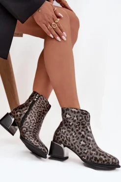 Damskie D&A Skórzane Botki Damskie Na Klocku Ocieplane Panterka CR52-622 Czarno-Złote