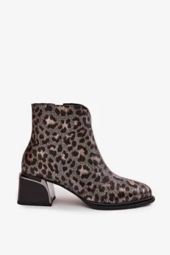 Damskie D&A Skórzane Botki Damskie Na Klocku Ocieplane Panterka CR52-622 Czarno-Złote