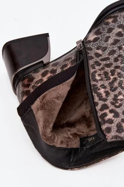 Damskie D&A Skórzane Botki Damskie Na Klocku Ocieplane Panterka CR52-622 Czarno-Złote