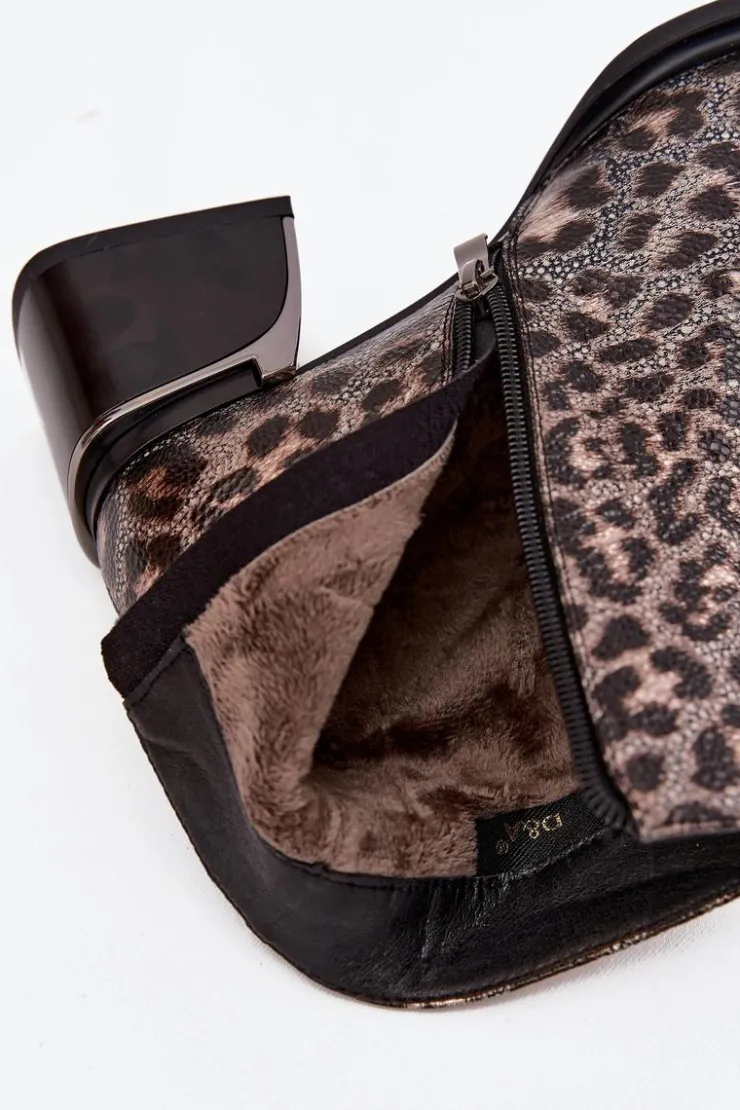 Damskie D&A Skórzane Botki Damskie Na Klocku Ocieplane Panterka CR52-622 Czarno-Złote