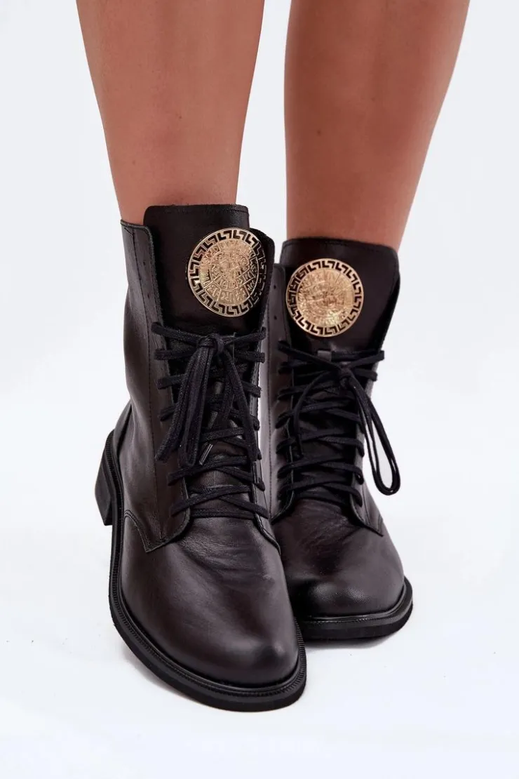 Discount Zazoo Skórzane Botki Damskie Na Płaskim Obcasie Ze Złotym Detalem 3084 Czarne Czarny