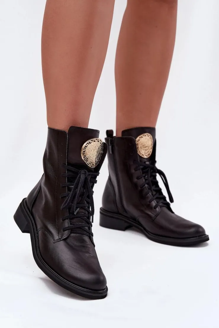 Discount Zazoo Skórzane Botki Damskie Na Płaskim Obcasie Ze Złotym Detalem 3084 Czarne Czarny