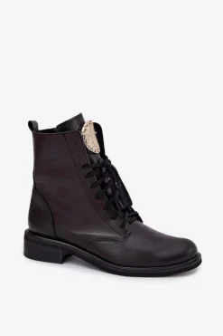 Discount Zazoo Skórzane Botki Damskie Na Płaskim Obcasie Ze Złotym Detalem 3084 Czarne Czarny