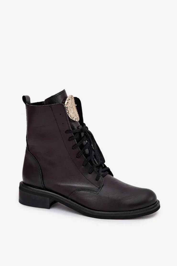 Discount Zazoo Skórzane Botki Damskie Na Płaskim Obcasie Ze Złotym Detalem 3084 Czarne Czarny