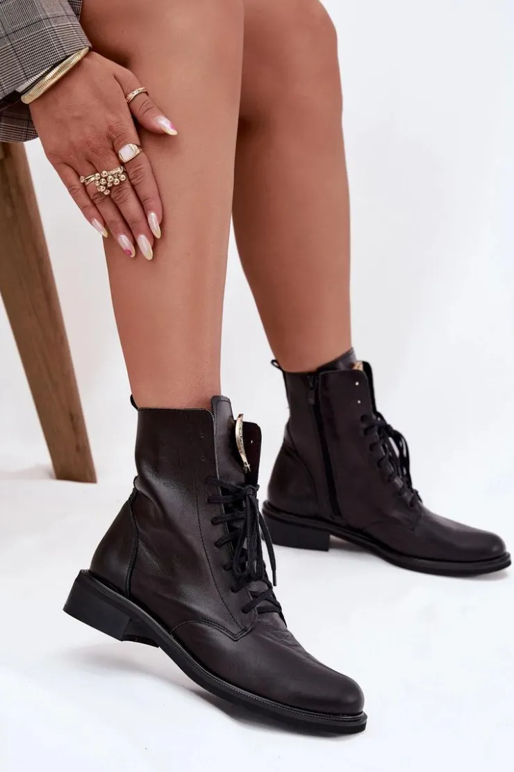 Discount Zazoo Skórzane Botki Damskie Na Płaskim Obcasie Ze Złotym Detalem 3084 Czarne Czarny