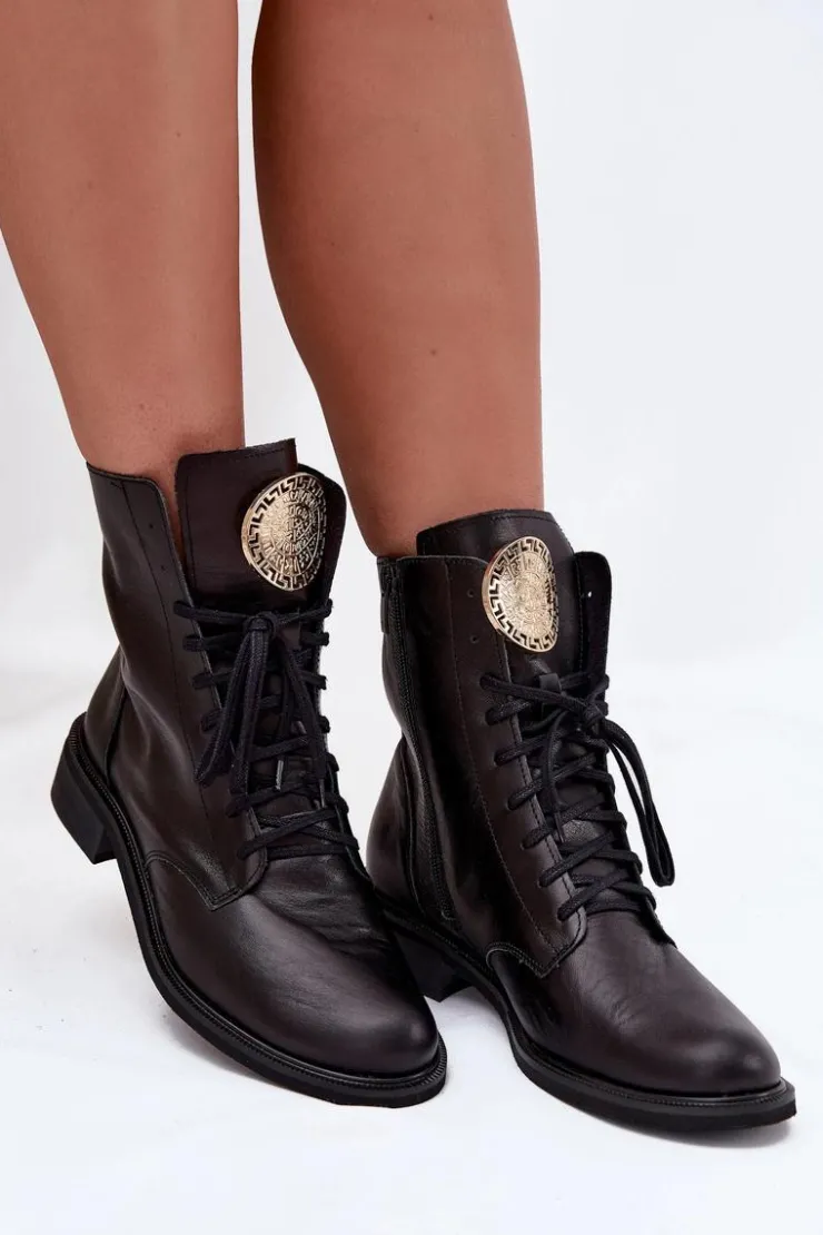 Discount Zazoo Skórzane Botki Damskie Na Płaskim Obcasie Ze Złotym Detalem 3084 Czarne Czarny