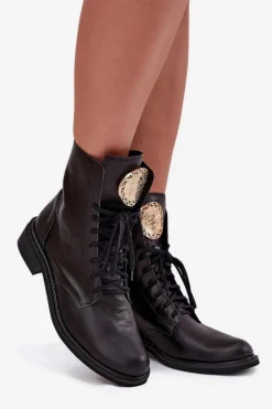 Discount Zazoo Skórzane Botki Damskie Na Płaskim Obcasie Ze Złotym Detalem 3084 Czarne Czarny