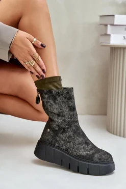 Damskie Maciejka Skórzane Botki Damskie Na Masywnej Platformie 06766-09 Khaki