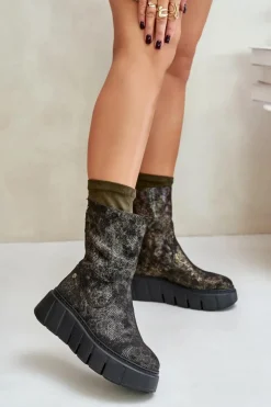 Damskie Maciejka Skórzane Botki Damskie Na Masywnej Platformie 06766-09 Khaki