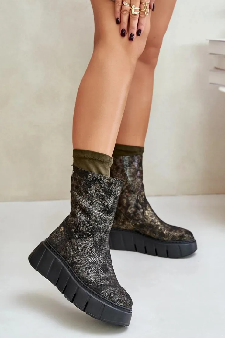 Damskie Maciejka Skórzane Botki Damskie Na Masywnej Platformie 06766-09 Khaki