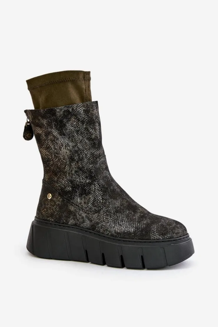 Damskie Maciejka Skórzane Botki Damskie Na Masywnej Platformie 06766-09 Khaki