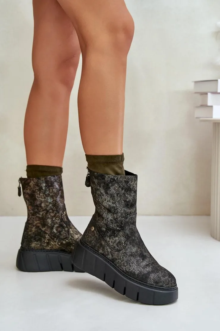 Damskie Maciejka Skórzane Botki Damskie Na Masywnej Platformie 06766-09 Khaki