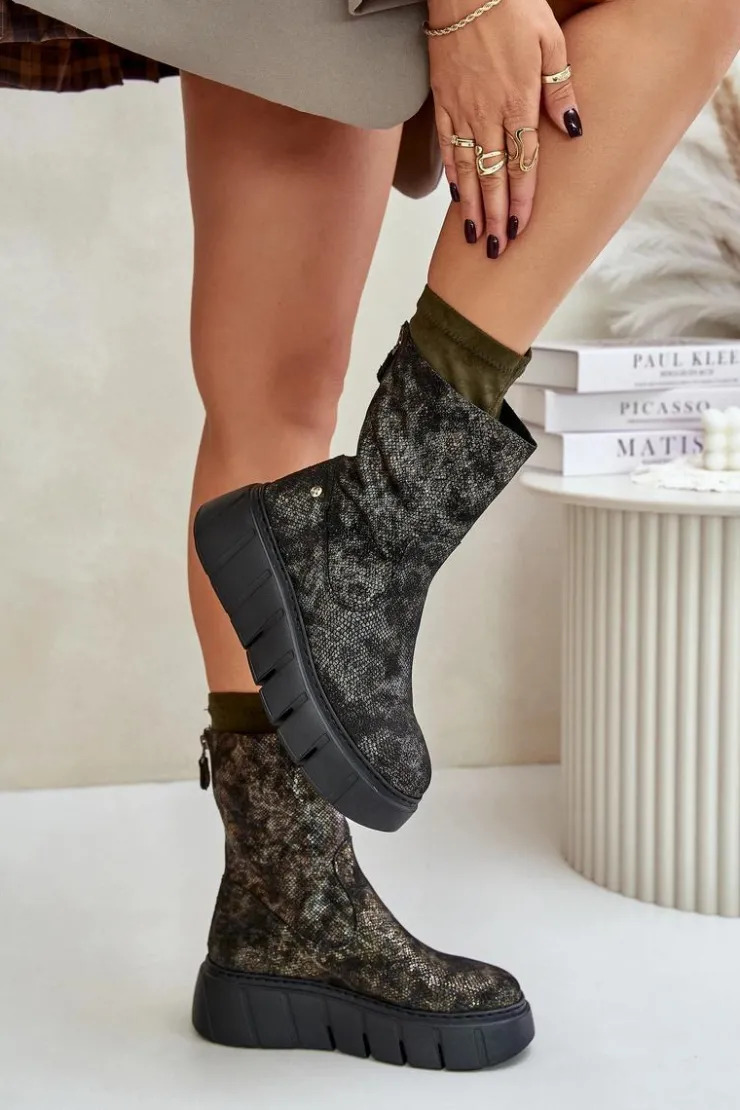 Damskie Maciejka Skórzane Botki Damskie Na Masywnej Platformie 06766-09 Khaki