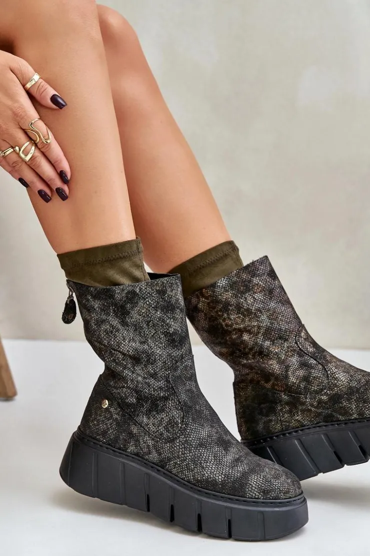 Damskie Maciejka Skórzane Botki Damskie Na Masywnej Platformie 06766-09 Khaki