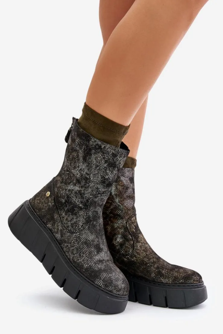 Damskie Maciejka Skórzane Botki Damskie Na Masywnej Platformie 06766-09 Khaki