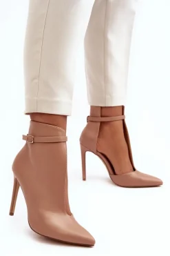 Damskie Boto Skórzane Botki Damskie Na Szpilce Beżowe Amalundi