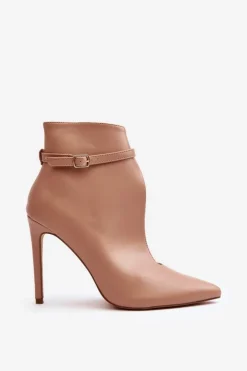 Damskie Boto Skórzane Botki Damskie Na Szpilce Beżowe Amalundi