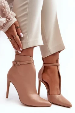 Damskie Boto Skórzane Botki Damskie Na Szpilce Beżowe Amalundi