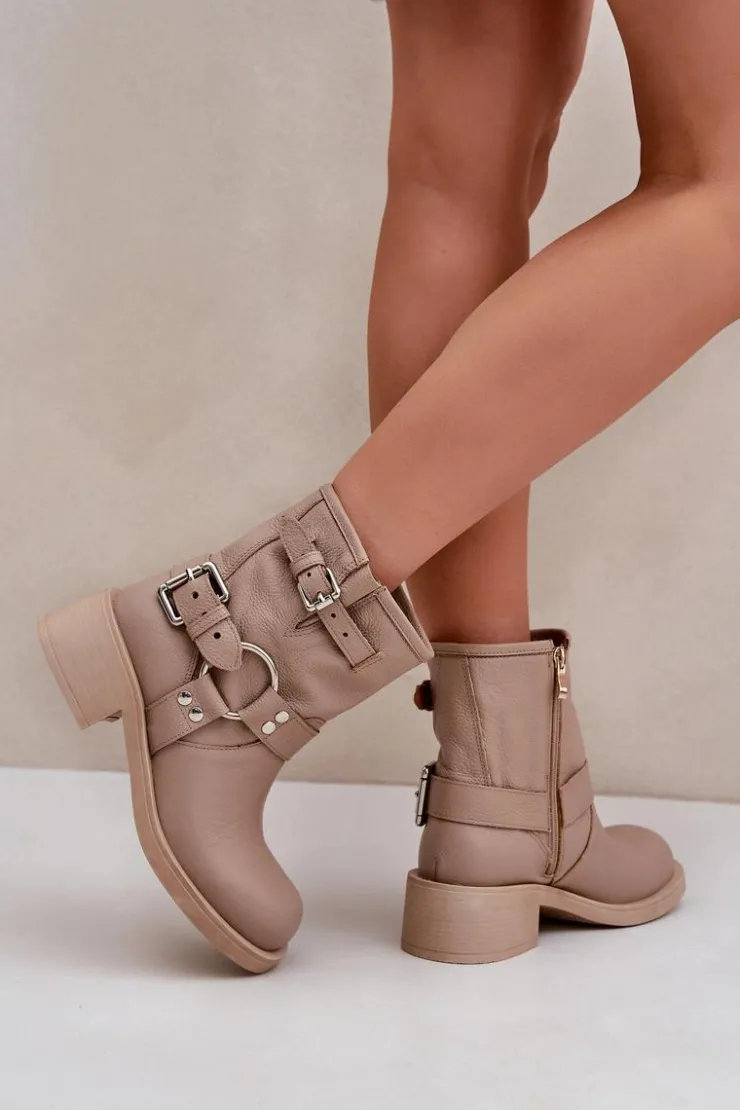 Damskie Zazoo Skórzane Botki Damskie Na Niskim Obcasie Klocku Z Paskami 3644 Beżowe