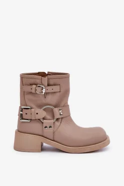 Damskie Zazoo Skórzane Botki Damskie Na Niskim Obcasie Klocku Z Paskami 3644 Beżowe