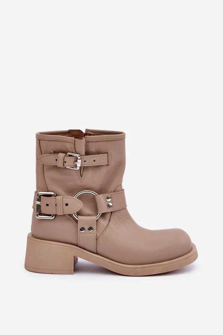 Damskie Zazoo Skórzane Botki Damskie Na Niskim Obcasie Klocku Z Paskami 3644 Beżowe