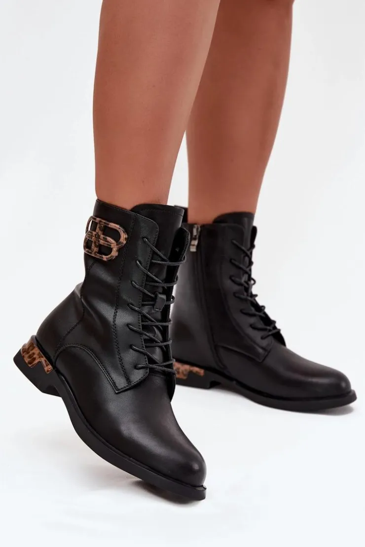 Damskie Artiker Skórzane Botki Damskie Na Płaskim Obcasie Z Ozdobą Ocieplane 57C1064 Czarne