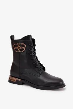 Damskie Artiker Skórzane Botki Damskie Na Płaskim Obcasie Z Ozdobą Ocieplane 57C1064 Czarne