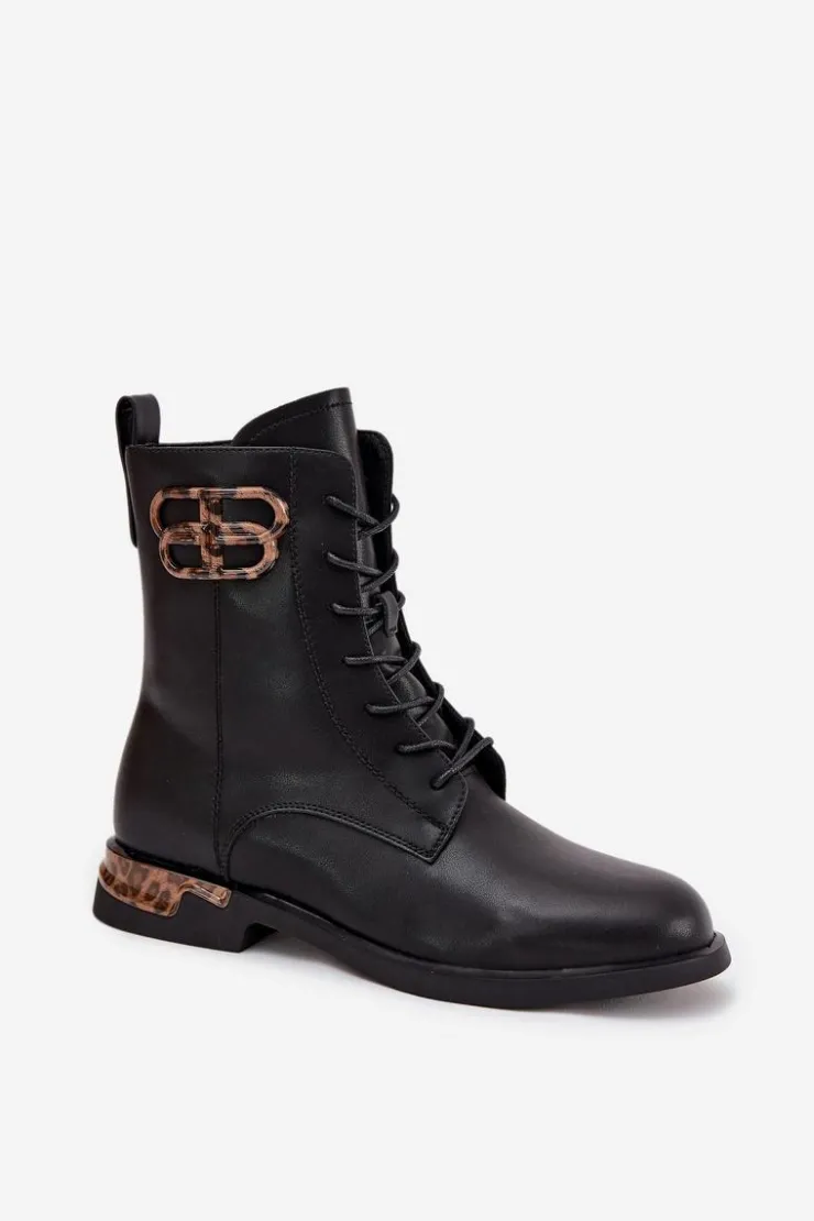 Damskie Artiker Skórzane Botki Damskie Na Płaskim Obcasie Z Ozdobą Ocieplane 57C1064 Czarne