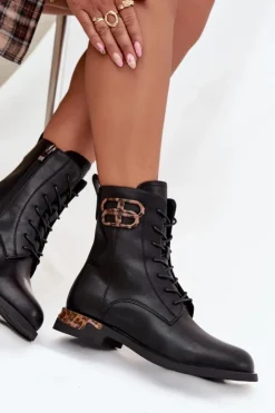 Damskie Artiker Skórzane Botki Damskie Na Płaskim Obcasie Z Ozdobą Ocieplane 57C1064 Czarne