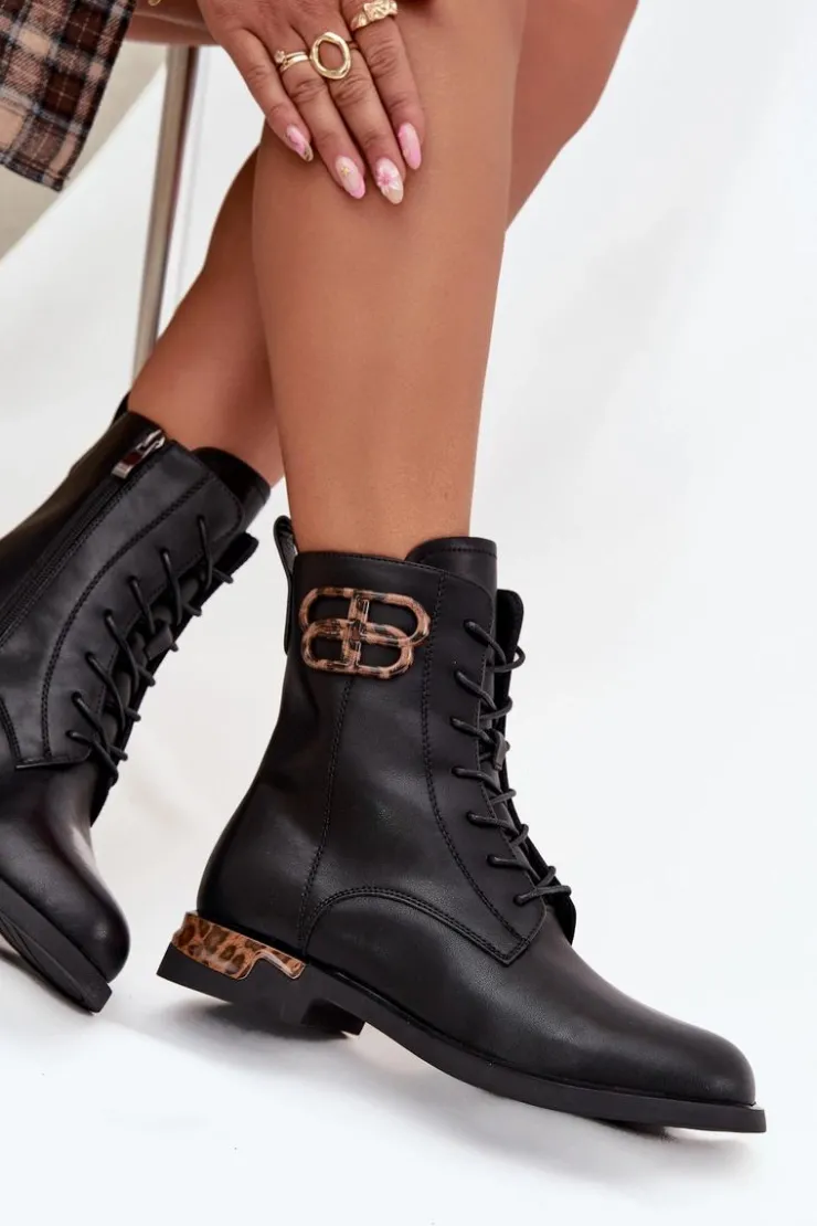 Damskie Artiker Skórzane Botki Damskie Na Płaskim Obcasie Z Ozdobą Ocieplane 57C1064 Czarne