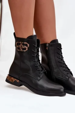 Damskie Artiker Skórzane Botki Damskie Na Płaskim Obcasie Z Ozdobą Ocieplane 57C1064 Czarne