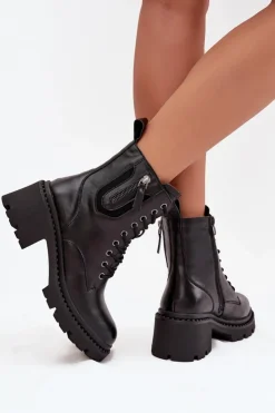 Buty damskie Vinceza Botki Ocieplane|Botki Sznurowane*Skórzane Botki Damskie Na Klocku Ocieplane Vinceza 86418 Czarne Czarny