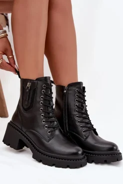 Buty damskie Vinceza Botki Ocieplane|Botki Sznurowane*Skórzane Botki Damskie Na Klocku Ocieplane Vinceza 86418 Czarne Czarny
