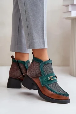 Maciejka Botki Ocieplane|Botki Maciejka*Skórzane Botki Damskie Na Masywnym Obcasie Z Ozdobą A6747-29 Brązowo-Zielone Zielony