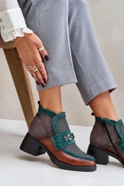 Maciejka Botki Ocieplane|Botki Maciejka*Skórzane Botki Damskie Na Masywnym Obcasie Z Ozdobą A6747-29 Brązowo-Zielone Zielony
